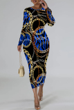 Red Chain print O Neck Long Sleeve Casual Street Fall Outings Bodycon Pencil Midi Dress