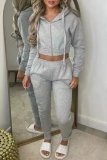 Grey Sportwear Casual Letter Print Hooded Zip up Long Sleeve Sweatshirt and Sweatpants Fall Winter Two Pieces Sweatsuits Sets