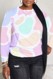 White Casual Cartoon Leaf Colorblock Print Round Neck Long Sleeve T-shirts Tops