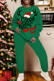 Dark Grey Christmas Print Round Neck Long Sleeve Sweatshirt and Sweatpants Fall Winter Two Pieces Sweatsuits Sets