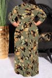 Purple Floral Print O Neck 3/4 Sleeve Lace Up Summer Outings Vacation Plus Size Flowy Loose Maxi Dress