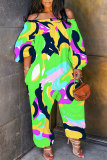 Light Blue Vacation Loose Casual Abstract Floral Leaf Print Off Shoulder Long Lantern Sleeve Overall Jumpsuits