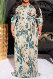 Purple Floral Print O Neck 3/4 Sleeve Lace Up Summer Outings Vacation Plus Size Flowy Loose Maxi Dress