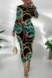 Red Chain print O Neck Long Sleeve Casual Street Fall Outings Bodycon Pencil Midi Dress