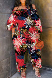 Light Blue Vacation Loose Casual Abstract Floral Leaf Print Off Shoulder Long Lantern Sleeve Overall Jumpsuits