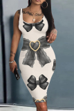 Navy Blue Floral Letter Print Sleeveless U Neck Knee Length Casual Outing Bodycon Vest Midi Dress