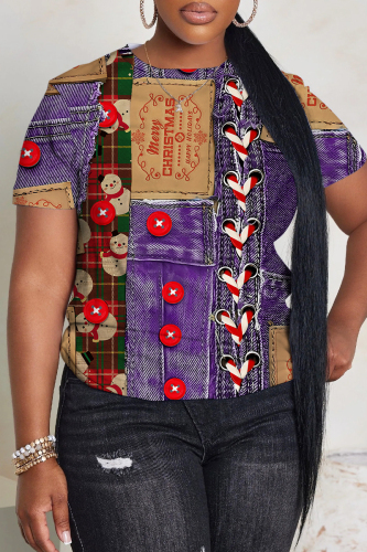 Purple Casual Faux Denim Print Round Neck Short Sleeve T-Shirts Tops