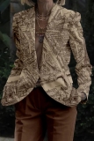 Khaki Office Lady Casual Floral Geometric Pattern Turn-back Collar Long Sleeve Blazer and Pants Two Pieces Suits Sets
