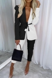 Black Office Lady Casual Lace Up Tie -front Contrast Turn-back Collar Long Sleeve Blazer and Pants Two Pieces Suits Sets
