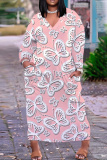 Dark Pink Butterfly Print V Neck Long Sleeve Casual Outings Vacation Straight Loose Tunic Maxi Dress