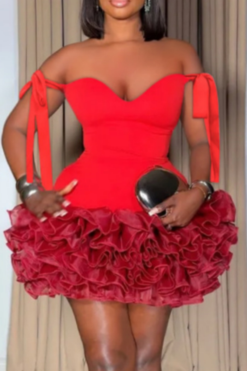 Sweetheart Neckline Lace-Up Back Ruffle Skirt Gown Red