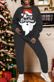 Dark Grey Christmas Print Round Neck Long Sleeve Sweatshirt and Sweatpants Fall Winter Two Pieces Sweatsuits Sets
