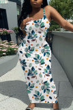 Orange Floral Print Sleeveless Backless Spaghetti Strap Summer Outings Vacation Bodycon Maxi Slip Dress