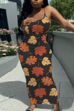 Orange Floral Print Sleeveless Backless Spaghetti Strap Summer Outings Vacation Bodycon Maxi Slip Dress