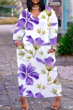 Light Purple Floral Print V Neck Long Sleeve Pocket Fall Outings Vacation Plue Size Striaght Loose Maxi Dress