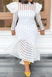 White with Sheer Striped High Neck Long Puff Sleeve Flared Hem Formal Cocktail Party Mermaid Maxi Dress
