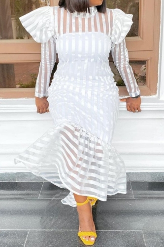 White with Sheer Striped High Neck Long Puff Sleeve Flared Hem Formal Cocktail Party Mermaid Maxi Dress