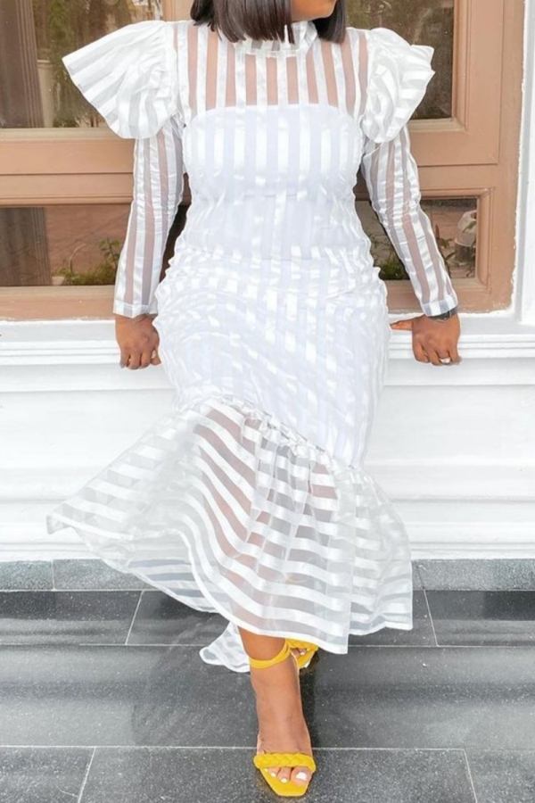 White with Sheer Striped High Neck Long Puff Sleeve Flared Hem Formal Cocktail Party Mermaid Maxi Dress