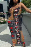 Blue Faux Denim Print Sleeveless Backless Spaghetti Strap Summer Outings Vacation Bodycon Maxi Slip Dress