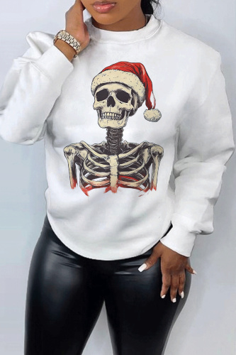 White Purple Christmas Casual Skull Head Print Round Neck Long Sleeve Fall Winter Sweatshirts Tops