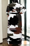 Khaki Geometric Print Colorblock V Neck 3/4 Sleeve Lace Up Summer Outings Vacation Plus Size Flowy Loose Maxi Dress