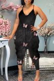 Purple Red Vacation Loose Casual Butterfly Floral Print Backless Spaghetti Strap Cami Jumpsuits