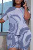 Lake Blue Casual Abstract Floral Print Gradient Round Neck Short Sleeve T-shirt and Shorts Two Piece Matching Sets