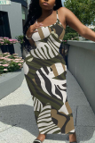 Military Green Graphic Print Sleeveless Backless Spaghetti Strap Summer Outings Vacation Bodycon Maxi Slip Dress