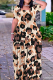 Leopard Floral Print O Neck Short Sleeve Floor Length Summer Outings Vacation Straight Loose Maxi Dress