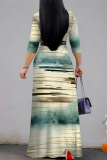 Sky Blue Tie Dye Print V Neck 3/4 Sleeve Lace Up Summer Outings Vacation Straight Loose Maxi Dress