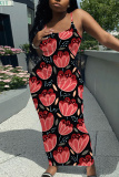 Orange Floral Print Sleeveless Backless Spaghetti Strap Summer Outings Vacation Bodycon Maxi Slip Dress