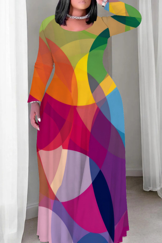 Colorful Graphic Print O Neck Long Sleeve Floor Length Fall Outings Vacation Plus Size Straight Loose Maxi Dresses