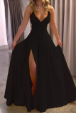 Yellow Deep V Neck Sleeveless Backless Spaghetti Strap Slim Fit Waist Front Slit Flowy Lace Maxi Slip Dress