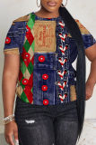 Purple Casual Faux Denim Print Round Neck Short Sleeve T-Shirts Tops