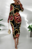 Red Chain print O Neck Long Sleeve Casual Street Fall Outings Bodycon Pencil Midi Dress