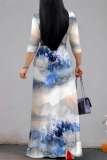 Sky Blue Tie Dye Print V Neck 3/4 Sleeve Lace Up Summer Outings Vacation Straight Loose Maxi Dress