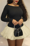Black Black Off-Shoulder Long Sleeve Holiday Party Cream Hem Bodycon Bubble Mini Dress