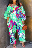 Light Blue Vacation Loose Casual Abstract Floral Leaf Print Off Shoulder Long Lantern Sleeve Overall Jumpsuits
