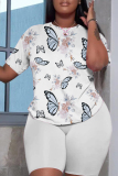 Lake Blue Casual Butterfly Floral Print Letter Round Neck Short Sleeve T-shirt and Shorts Two Pieces Matching Sets