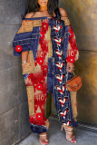 Purple Loose Vacation Casual Faux Denim Print Off Shoulder Long Lantern Sleeve Overall Jumpsuits