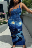 Military Green Graphic Print Sleeveless Backless Spaghetti Strap Summer Outings Vacation Bodycon Maxi Slip Dress