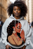 Brown Casual Girl Figure Print Draw String Hooded Collar Long Sleeve Fall Winter Sweatshirts Tops