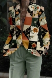 Khaki Office Lady Casual Floral Geometric Pattern Turn-back Collar Long Sleeve Blazer and Pants Two Pieces Suits Sets