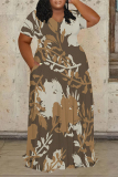Brown Floral Print V Neck Short Sleeve Pocket Summer Outings Vacation Plus Size Loose Maxi Dress
