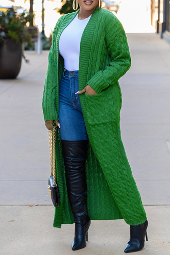 Green Casual Long Sleeve Fall Winter Long Knitted Sweater Cardigan Coats Outerwear