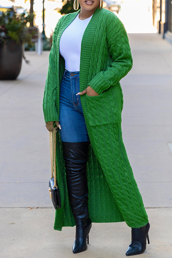 Green Casual Long Sleeve Fall Winter Long Knitted Sweater Cardigan Coats Outerwear