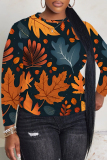 White Casual Cartoon Leaf Colorblock Print Round Neck Long Sleeve T-shirts Tops