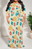 Purple Floral Print O Neck 3/4 Sleeve Lace Up Summer Outings Vacation Plus Size Flowy Loose Maxi Dress