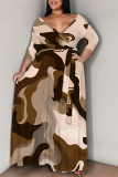 Khaki Geometric Print Colorblock V Neck 3/4 Sleeve Lace Up Summer Outings Vacation Plus Size Flowy Loose Maxi Dress