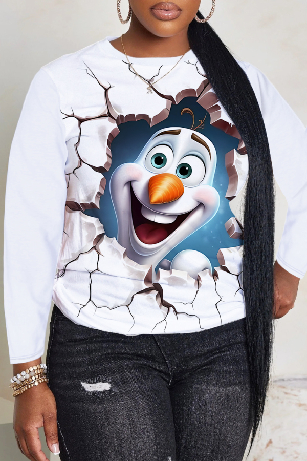 White Casual Cartoon Leaf Colorblock Print Round Neck Long Sleeve T-shirts Tops